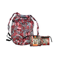 Jijaka Aboriginal Art Fold Up Backpack - Riverstones (Red)