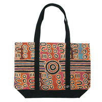 Outstations Aboriginal Art Canvas Tote Bag - Biddy Timms (Brown/Black)