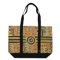Outstations Aboriginal Art Canvas Tote Bag - Biddy Timms (Tan/Black)