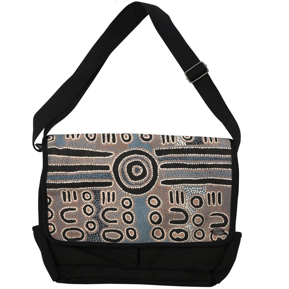 Outstations Aboriginal Art Laptop Satchel Bag by Biddy Timms (Blue/Grey)