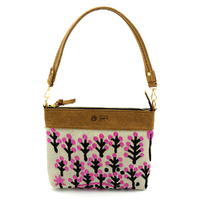 Better World Aboriginal Art Velvet/Linen Embroidered Handbag (30cm x 24cm) - Kurlkura Trees
