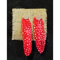 Aboriginal Art Handpainted Feather Earrings - RED (Hook)