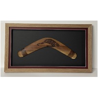 Framed Aboriginal (Burnt design) Boomerang (35cm) - Emu