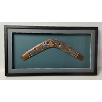 Framed Aboriginal Art Handpainted Boomerang (45cm) - Brolga (Green)