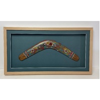 Framed Aboriginal Art Handpainted Boomerang (45cm) - Emu (Green)