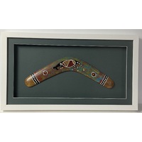 Framed Aboriginal Art Handpainted Boomerang (45cm) - Kangaroo (Green)