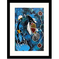 Framed Aboriginal Art Print [40cm x 30cm] - Fish in Billabong (Blue)