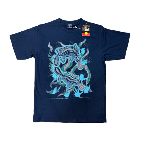 Platypus Mother & Baby Playing In the Reeds [Navy] - Aboriginal design T-Shirt  [size: Large]