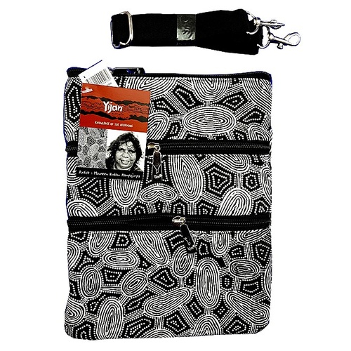 Yijan Aboriginal 3 Zip Canvas Shoulder Bag - Women Travelling Dreaming [Black & White]]