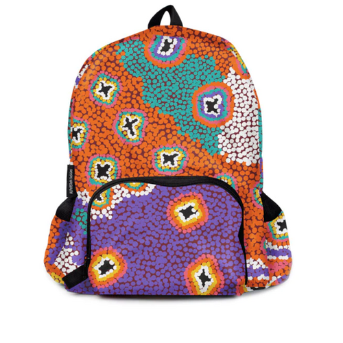 Warlukurlangu Aboriginal Art Fold Up Backpack - Green Budgerigar Dreaming