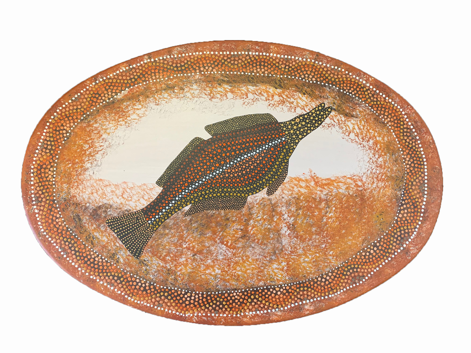 David Miller Aboriginal Art Painting Stretched Oval Canvas 80cm X 55cm Fish