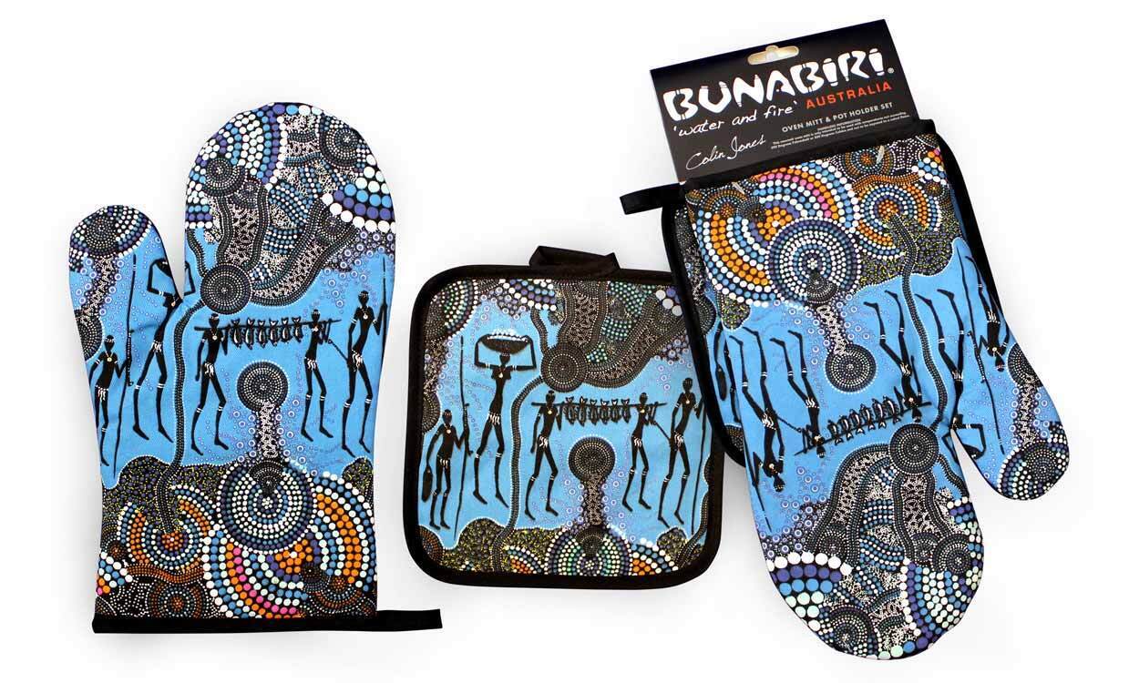 Bunabiri Aboriginal Art Mit/Pot Holder Set - Hunters & Gatherers Reef