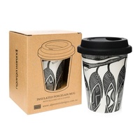 Dancing Wombat Aboriginal Art Insulated Porcelain Travel Mug - Leaves