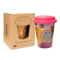 Warlukurlangu Aboriginal Art Insulated Porcelain Travel Mug - Green Budgerigar Dreaming