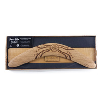 Handmade Aboriginal Burnt design Giftboxed Boomerang & Stand (35cm)