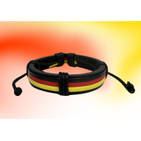 Aboriginal Wristband - 10mm Black Leather + Red-Black-Yellow Band Adjustable Wristband