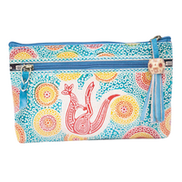 Muralappi Journey Genuine Leather Small Vanity Case (18cm x 11cm) - Kangaroo in Summer Flowers (Aqua)