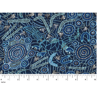 Man & Goanna 2 (Blue) [RAYON] - Aboriginal design Fabric