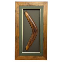 Framed Aboriginal Art Hand BURNT Boomerang (40cm) Large - Emu [Green/Ochre]