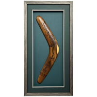 Framed Aboriginal Art Hand BURNT Boomerang (40cm) Large - Kangaroo [Green/Grey]