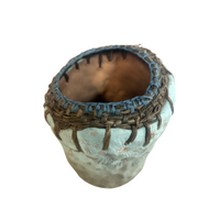 Aboriginal Art Handmade Vase [16cm x 11cm] with Raffia Weaving - Textured Blue