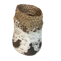 Aboriginal Art Handmade Vase [22cm x 14cm] Woodfired with Raffia Weaving - Natural/White