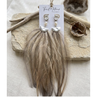 First Nations Fashionista - Handmade Aboriginal Art Pendant Earrings - Emu Feather with Pearl Bead and Stud Back