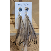 First Nations Fashionista - Handmade Aboriginal Art Pendant Earrings - Emu Feather with Blue Stone & Pearl/Stud Back