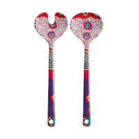 Warlukurlangu Aboriginal Art Melamine Salad Server Set - Green Budgerigar Dreaming