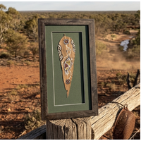 Framed Aboriginal Dot Art Handpainted Gumleaf (39cm x 20cm) - Brolga (Green)