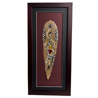 Framed Aboriginal Dot Art Handpainted Gumleaf (44cm x 21cm) - EMU (Black/Maroon)