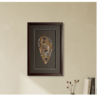 Framed Aboriginal Dot Art Handpainted Small Gumleaf (30cm x 19cm) - Emu (Taupe/Green)