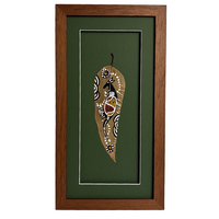 Framed Aboriginal Dot Art Handpainted Gumleaf (38cm x 20cm) - Kangaroo (Green)