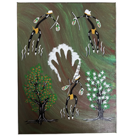 Original Aboriginal Art Painting Stretched Canvas (30cm x 40cm ) - Gathering Bush Berries and Bush Medicines 