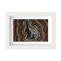 Framed Aboriginal Art PRINT (13cm x 18cm) - Emu Black [White Frame]