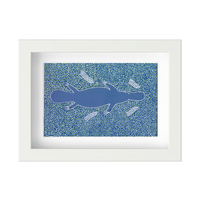 Framed Aboriginal Art PRINT (13cm x 18cm) - Gaya-dari the Platypus [White]