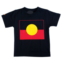 Dreamtime Kullilla-Art ABORIGINAL FLAG Black Cotton Screen-Printed T-Shirt - KIDS [size: Size 0]