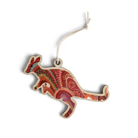 Aboriginal Art Kangaroo Timber Xmas Decoration (9cm) - Home