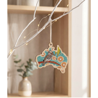 Kookaburra Dreaming [AUS Map] Timber Xmas Decoration (9cm) - KOH Living Aboriginal Art