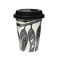 Dancing Wombat Aboriginal Art Insulated Porcelain Travel Mug - Leaves