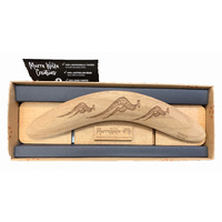 Handmade Aboriginal Burnt design Giftboxed Boomerang & Stand (35cm)