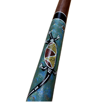 Eucalyptus (Ironbark) Handpainted Didgeridoo (1.49m) - Lizard with Warrior (Blue/Greens)