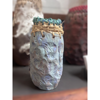 Aboriginal Art Handmade Vase [14cm x 5cm] with Raffia Weaving - Textured Blue
