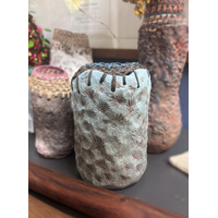 Aboriginal Art Handmade Vase [16cm x 11cm] with Raffia Weaving - Textured Blue