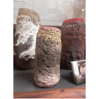 Aboriginal Art Handmade Vase [15cm x 6cm] with Raffia Weaving - Textured Pink 