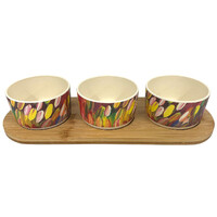 Utopia Aboriginal Art Bamboo Fibre Snack Bowl Set (3) with Timber Base - Leaves