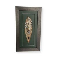Framed Aboriginal Dot Art Handpainted Gumleaf (39cm x 20cm) - Brolga (Green)