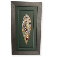 Framed Aboriginal Handpainted Gumleaf (40cm x 22cm) - Emu (Green)