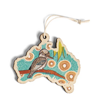 Kookaburra Dreaming [AUS Map] Timber Xmas Decoration (9cm) - KOH Living Aboriginal Art
