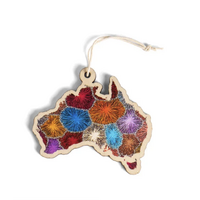 AUS Map [Bush Flowers] Timber Xmas Decoration (9cm) - KOH Living Aboriginal Art